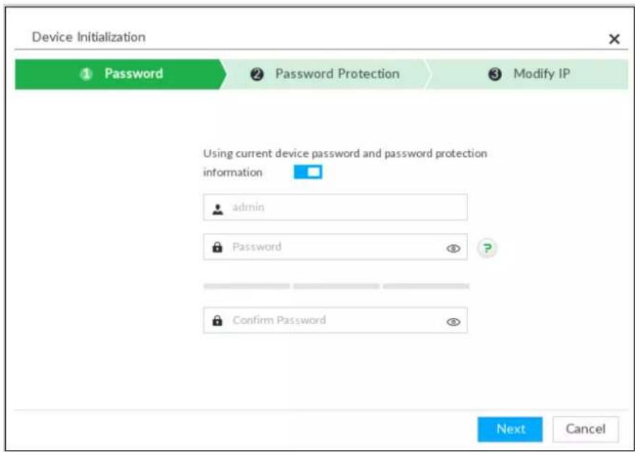 Device Initialization Password Password Protection Modify IP Using current device password and password protection information admin Password Confirm Password Next Cancel