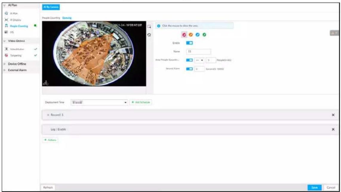 AI Plan AI Plan AI Display People Counting MS Video Detect Visualization Tampering Device Offline External Alarm People Counting Drawing Click the mouse to show the area. Enable Name: 11 Area Puzzle Coordination: 0.0000000000000000000000000000000000000000000000000000000000000000000000000000000000 Deployment Time: 7.5ms Add Schedule Record: 1 Log | Enable Actions Refresh Save Cancel