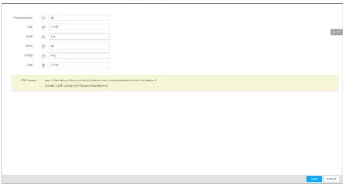 Max Connection 20 TCP 37777 RTSP 154 HTTP 80 HTTPS 442 GDP 37776 RTSP Format http://User.Human-Plaswidth-Group ID address - https://www.biosimmon/charson-16aType-0 channel: 1.128; subtype: Main Stream-0; Sub Stream 1. Save Cancel