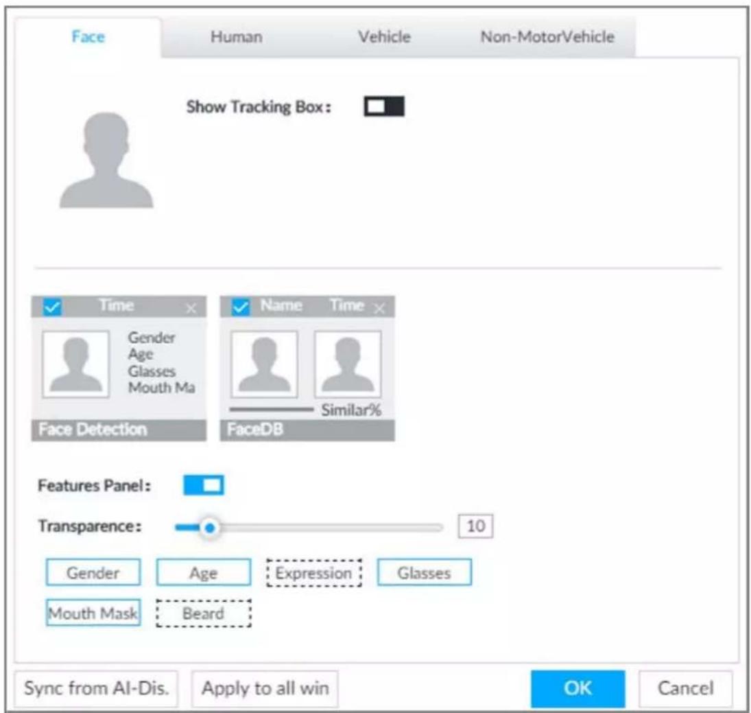 Face Human Vehicle Non-MotorVehicle Show Tracking Box: Time Gender Age Glasses Mouth Ma Face Detection Name Time Similar% FaceDB Features Panel: Transparency: 10 Gender Age Expression Glasses Mouth Mask Beard Sync from AI-Dis. Apply to all win OK Cancel