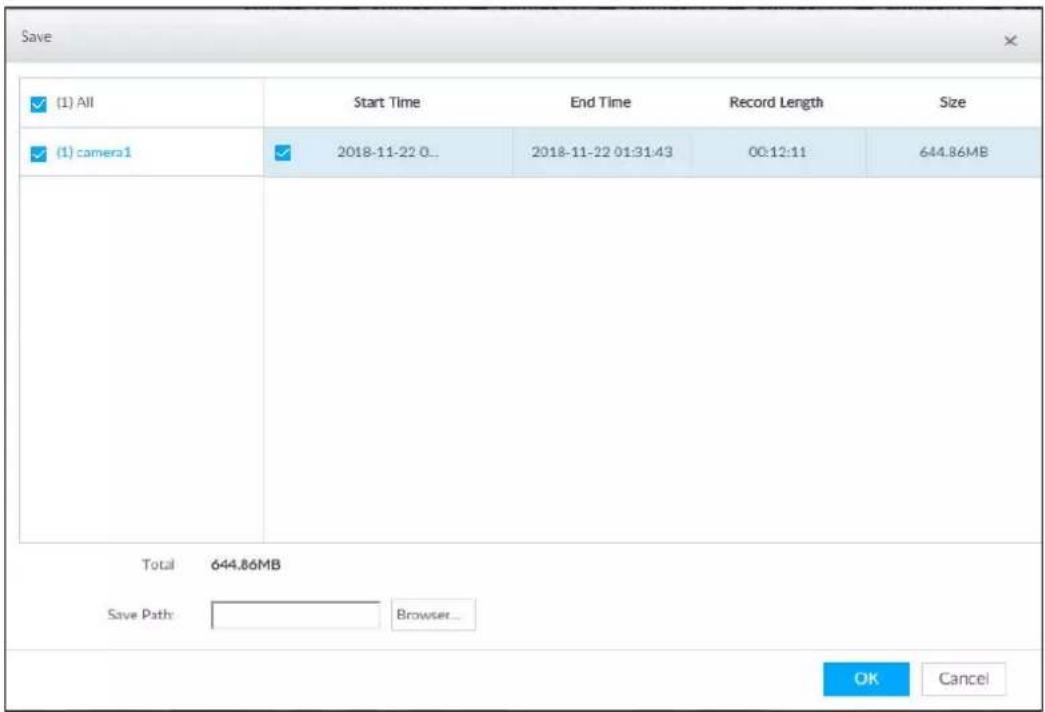 Save (1) All Start Time End Time Record Length Size (1) camera1 2018-11-22 0... 2018-11-22 01:31:43 00:12:11 644.86MB Total 644.86MB Save Path: Browser... OK Cancel
