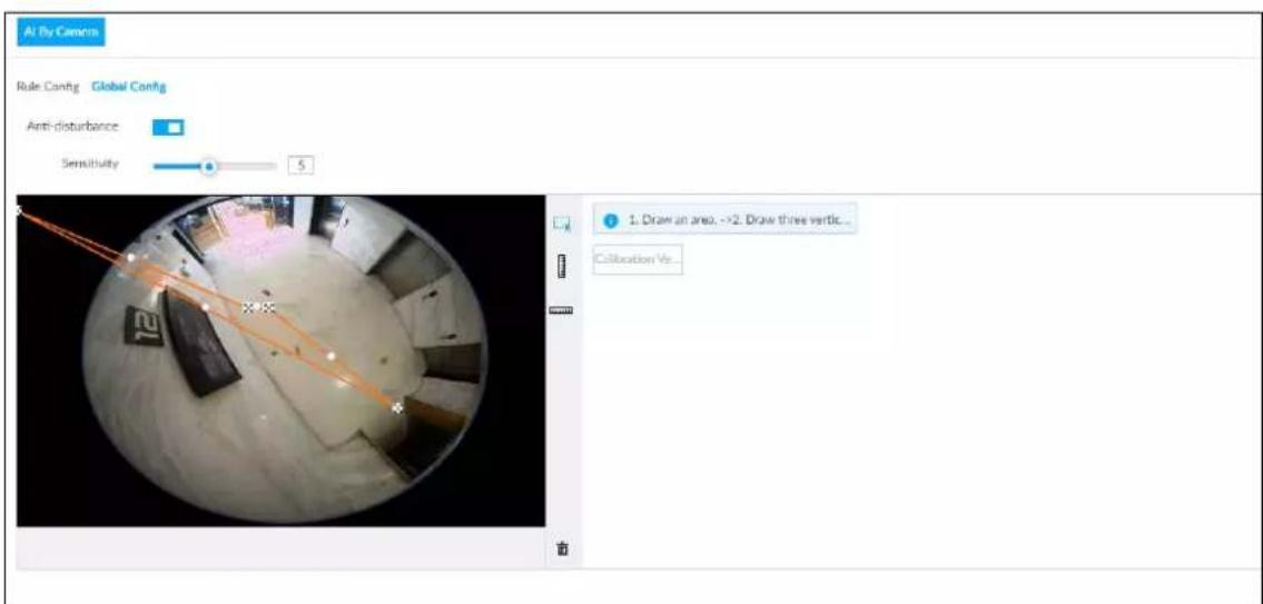 AI Fly Camera Rule Config Global Config Anti-disturbance Sensitivity 5 1. Draw an area, ->2. Draw three vertic... Calibration Ve...