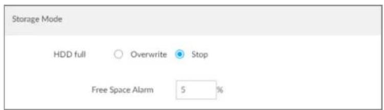 Storage Mode HDD full Overwrite Stop Free Space Alarm 5 %