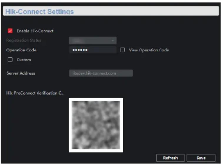 Hik-Connect Settings Enable Hik-Connect Registration Status Operation Code View Operation Code Custom Server Address litdev.hik-connect.com Hik-ProConnect Verification C... Refresh Save