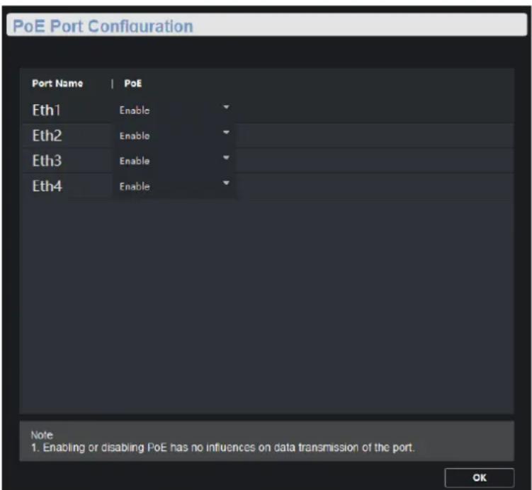 PoE Port Configuration Port Name | PoE Eth1 Enable Eth2 Enable Eth3 Enable Eth4 Enable Note 1. Enabling or disabling PoE has no influences on data transmission of the port. OK