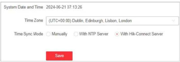 System Date and Time 2024-06-21 07:13:26 Time Zone (UTC+00:00) Dublin, Edinburgh, Lisbon, London Time Sync Mode Manually With NTP Server With Hik-Connect Server Save