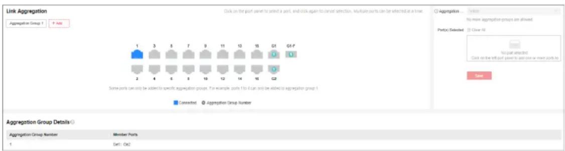 Link Aggregation Aggregation Group 1 + Add Click on the port panel to select a port, and click again to cancel selection. Multiple ports can be selected at a time. 1 3 5 7 9 11 13 15 G1 G1-F 2 4 5 8 10 12 14 16 G2 Some ports can only be added to specific aggregation groups. For example, ports 1 to 4 can only be added to aggregation group 1 Converted Aggregation Group Number Aggregation Group Details: Aggregation Group Number Member Ports 1 Del: Cte2 Aggregation... No more aggregation groups are allowed. Port(s) Selected Clear All No part selected Click on the left port panel to add one or more ports to Save