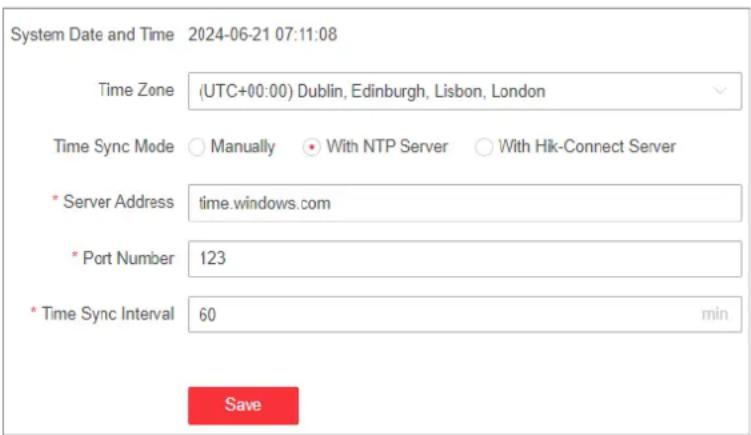 System Date and Time 2024-06-21 07:11:08 Time Zone (UTC+00:00) Dublin, Edinburgh, Lisbon, London Time Sync Mode Manually With NTP Server With Hik-Connect Server * Server Address time.windows.com * Port Number 123 * Time Sync Interval 60 min Save