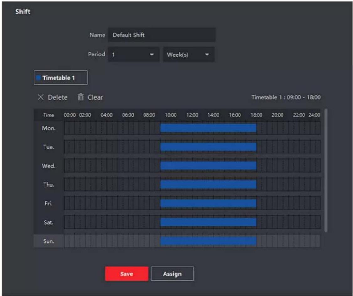 Shift Name Default Shift Period 1 Week(s) Timetable 1 × Delete Clear Time 00:00 02:00 04:00 06:00 08:00 10:00 12:00 14:00 16:00 18:00 20:00 22:00 24:00 Mon. Tue. Wed. Thu. Fri. Sat. Sun. Timetable 1 : 09:00 - 18:00 Save Assign