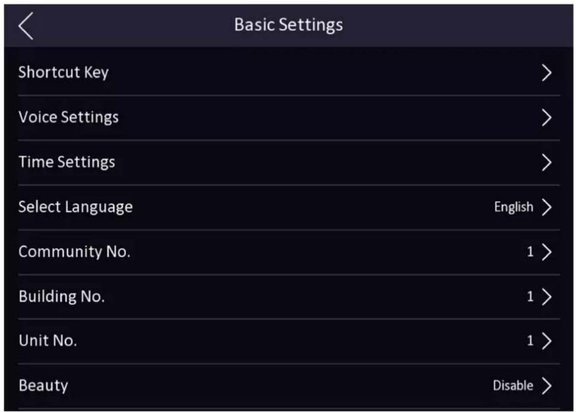 Basic Settings Shortcut Key > Voice Settings > Time Settings > Select Language English > Community No. 1 > Building No. 1 > Unit No. 1 > Beauty Disable >