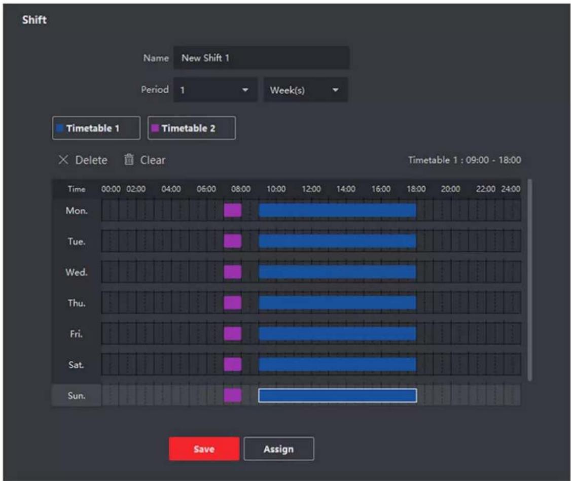 Shift Name New Shift 1 Period 1 Week(s) Timetable 1 Timetable 2 × Delete Clear Time 00:00 02:00 04:00 06:00 08:00 10:00 12:00 14:00 16:00 18:00 Timetable 1 : 09:00 - 18:00 Mon. Tue. Wed. Thu. Fri. Sat. Sun. Save Assign