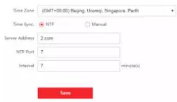 Time Zone (GMT+09:00) Beijing, Unmqj, Singapore, Perth Time Sync. NTP Manual Server Address 2 com NTP Port 7 Interval 7 minute(s) Save