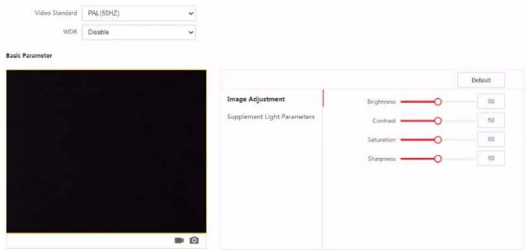 Video Standard PAL(50HZ) WDR Disable Basic Parameter Image Adjustment Supplement Light Parameters Default Brightness —— 50 Contrast —— 50 Saturation —— 50 Sharpness —— 50