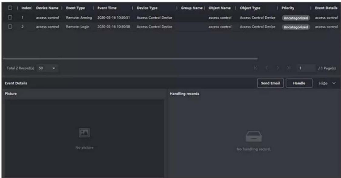 Index Device Name Event Type Event Time Device Type Group Name Object Name Object Type Priority Event Details 1 access control Remote: Arming 2020-03-16 10:50:51 Access Control Device access control Access Control Device Uncategorized access control 2 access control Remote: Login 2020-03-16 10:50:50 Access Control Device access control Access Control Device Uncategorized access control Total 2 Record(s) 50 / 1 Page(s) Event Details Send Email Handle Hide Picture Handling records No picture No handling record.