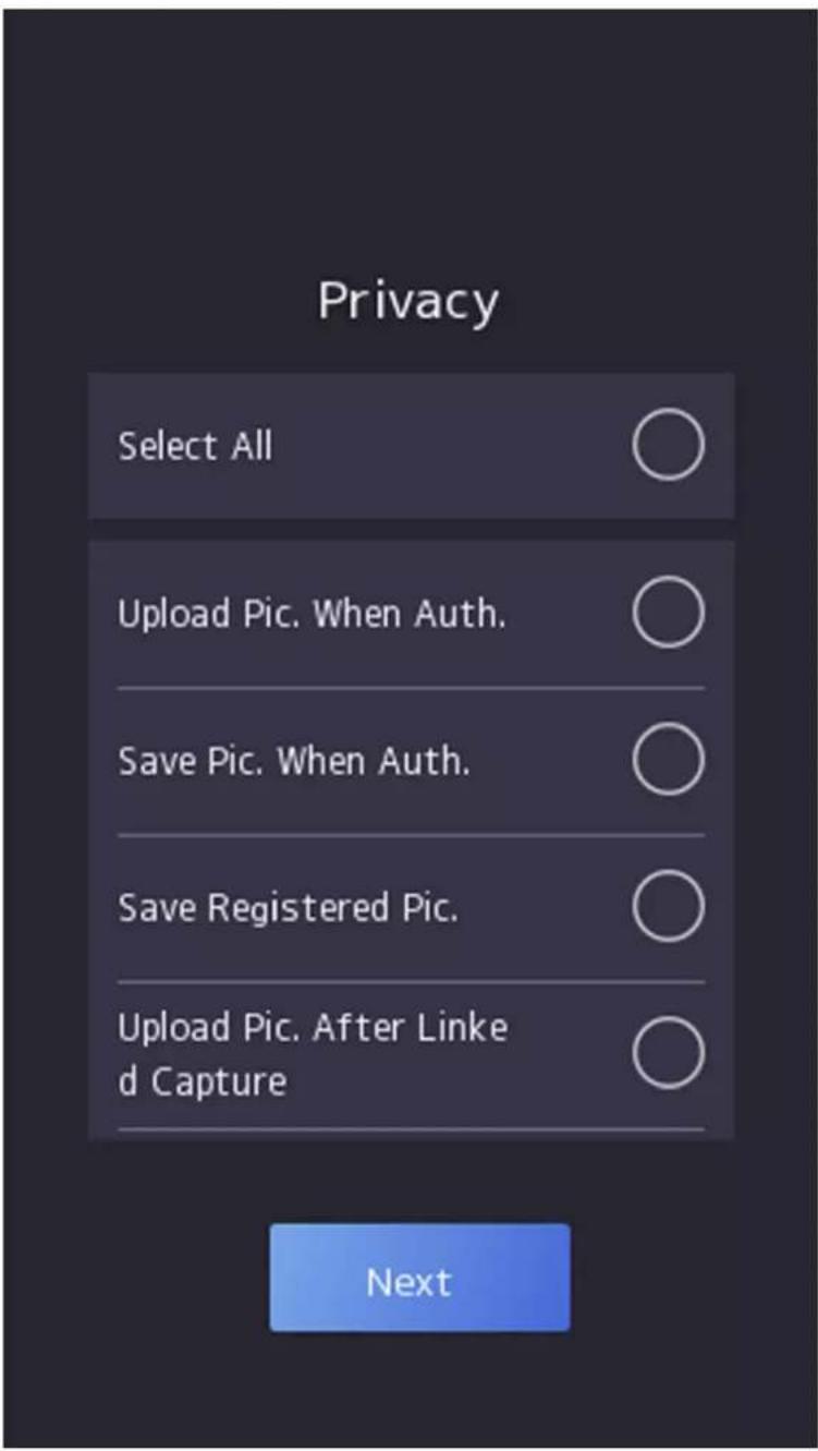 Privacy Select All Upload Pic. When Auth. Save Pic. When Auth. Save Registered Pic. Upload Pic. After Linked Capture Next