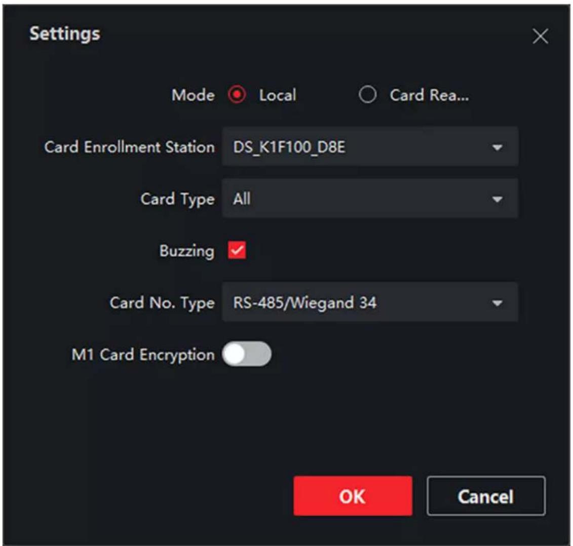 Settings Mode Local Card Rea... Card Enrollment Station DS_K1F100_D8E Card Type All Buzzing ✓ Card No. Type RS-485/Wiegand 34 M1 Card Encryption OK Cancel