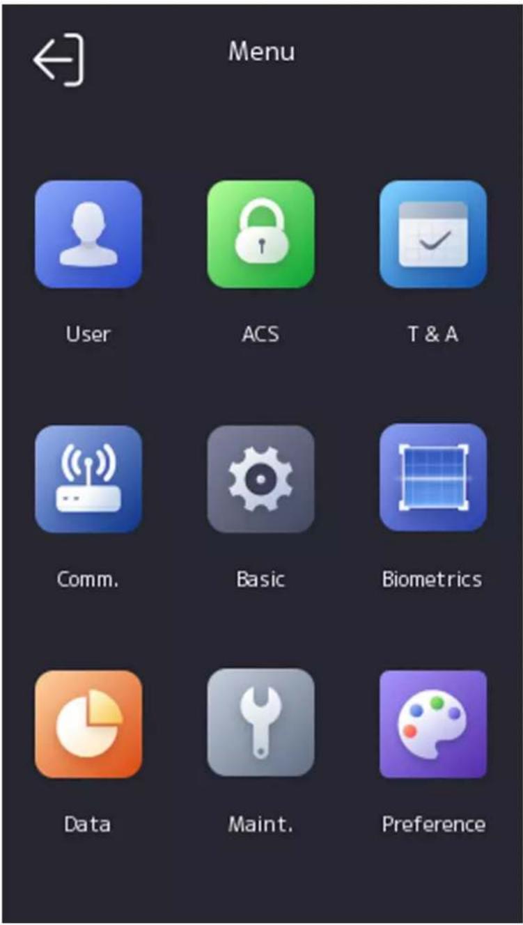 Menu User ACS T & A Comm. Basic Biometrics Data Maint. Preference