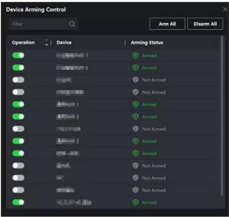 Device Arming Control Filter Arm All Disarm All Operation Device Arming Status ● Armed ● Armed ● Not Armed ● Not Armed ● Armed ● Armed ● Not Armed ● Armed ● Armed ● Not Armed ● Not Armed ● Armed