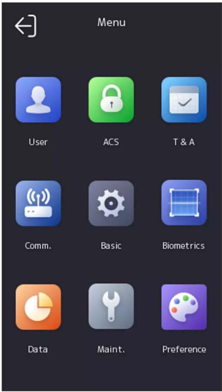 Menu User ACS T & A Comm. Basic Biometrics Data Maint. Preference