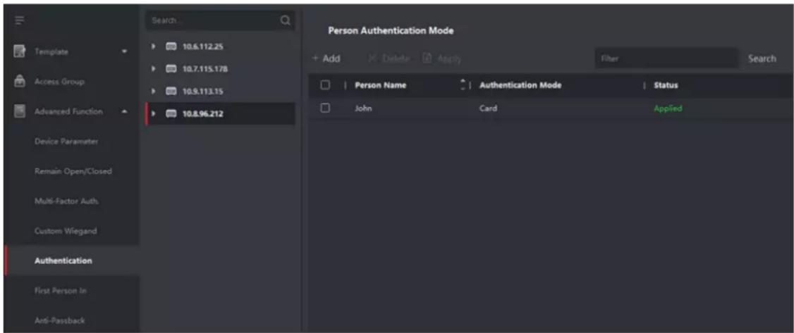 Template Access Group Advanced Function Device Parameter Remain Open/Closed Multi-Factor Auths Custom Wiegand Authentication First Person In Anti-Passback 10.6.112.25 10.7.115.178 10.9.113.15 10.8.96.212 Search Person Authentication Mode + Add Delete Apply Filter Search Person Name Authentication Mode Status John Card Applied