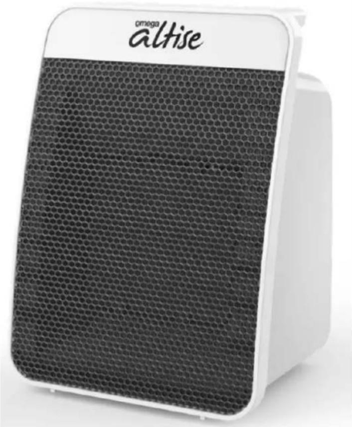White portable phone with hexagonal grille and 'ΩMGA' logo on top (no text-heavy elements)