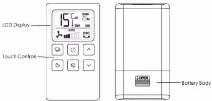 LCD Display Touch Controls 15 SET TEMP ION AUTO OSC OPEN Battery Body