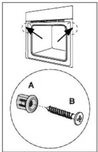 Technical diagram showing a mechanical assembly with labeled components A and B, including directional arrows and a magnified view of the component.