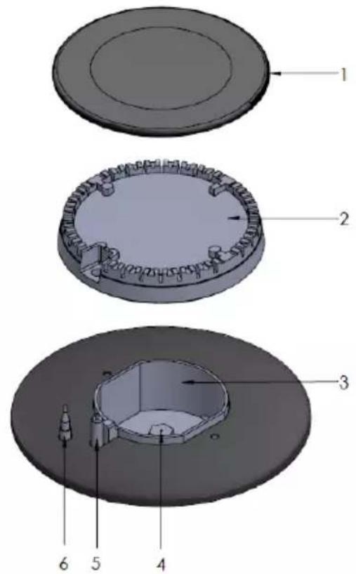 Technical diagram of a mechanical component with numbered parts labeled 1 through 6