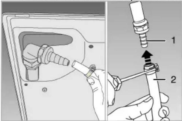 Technical diagram showing a mechanical assembly with labeled parts, including a component being inserted into a housing and then assembled.