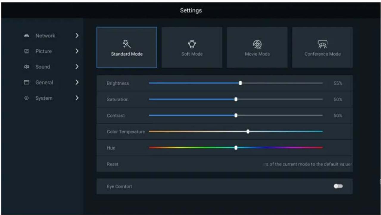 Settings Network > Picture > Sound > General > System > Standard Mode Soft Mode Movie Mode Conference Mode Brightness 55% Saturation 50% Contrast 50% Color Temperature Hue Reset Eye Comfort vars of the current mode to the default value