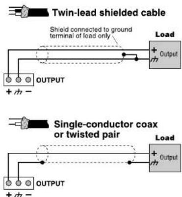 Twin-lead shielded cable Shield connected to ground terminal of load only Load + Output OUTPUT + - Single-conductor coax or twisted pair Load + Output OUTPUT + -