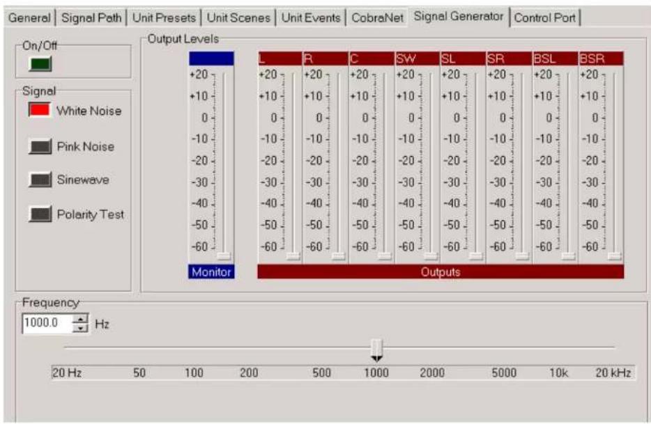 General | Signal Path | Unit Presets | Unit Scenes | Unit Events | CobraNet | Signal Generator | Control Port | On/Off Output Levels L R C SW SL SR BSL BSR +20 +20 +20 +20 +20 +20 +20 +10 +10 +10 +10 +10 +10 +10 +10 +10 0 0 0 0 0 0 0 0 0 -10 -10 -10 -10 -10 -10 -10 -10 -10 -20 -20 -20 -20 -20 -20 -20 -20 -20 -30 -30 -30 -30 -30 -30 -30 -30 -30 -40 -40 -40 -40 -40 -40 -40 -40 -40 -50 -50 -50 -50 -50 -50 -50 -50 -50 -60 -60 -60 -60 -60 -60 -60 -60 Monitor Outputs Frequency 1000.0 Hz 20 Hz 50 100 200 500 1000 2000 5000 10k 20 kHz