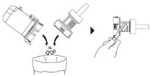 Diagram illustrating a mechanical assembly process with labeled components and directional arrows indicating motion.