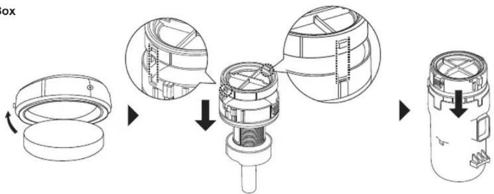 Technical diagram illustrating the step-by-step assembly of a mechanical device, showing cross-sections and internal components before and after assembly.