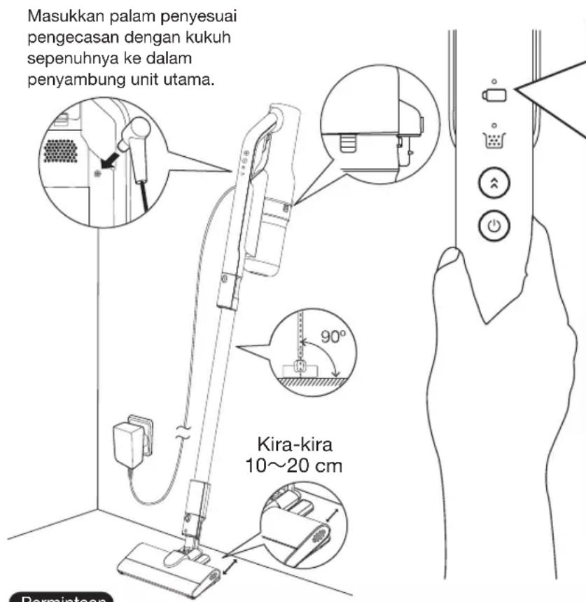 Masukkan palam penyesuai pengecasan dengan kukuh sepenuhnya ke dalam penyambung unit utama. 90° Kira-kira 10~20 cm Permintaan