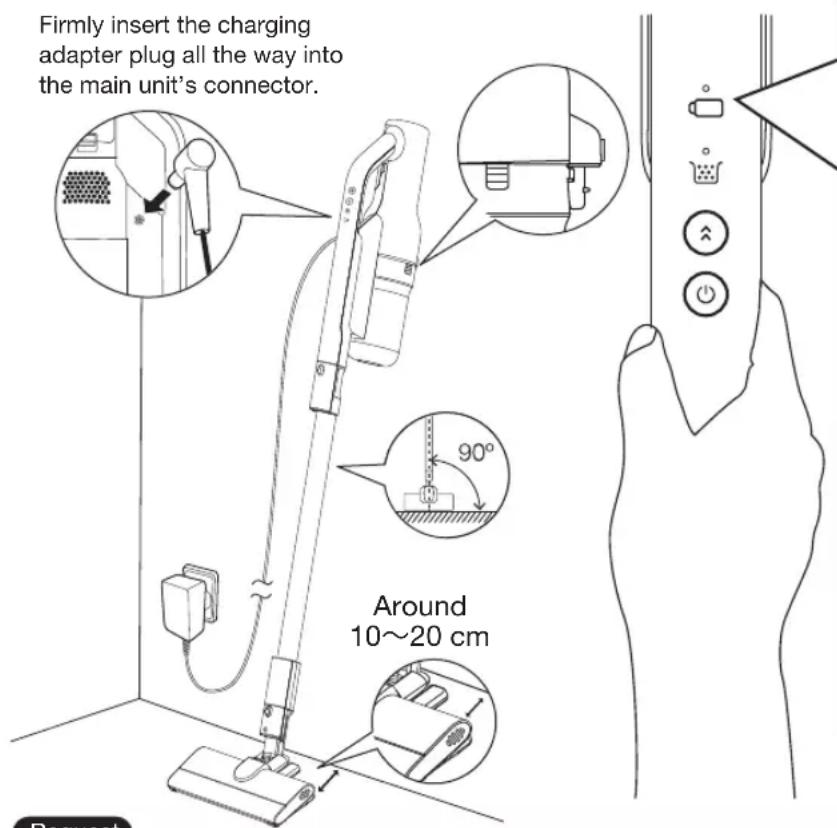 Firmly insert the charging adapter plug all the way into the main unit's connector. 90° Around 10~20 cm