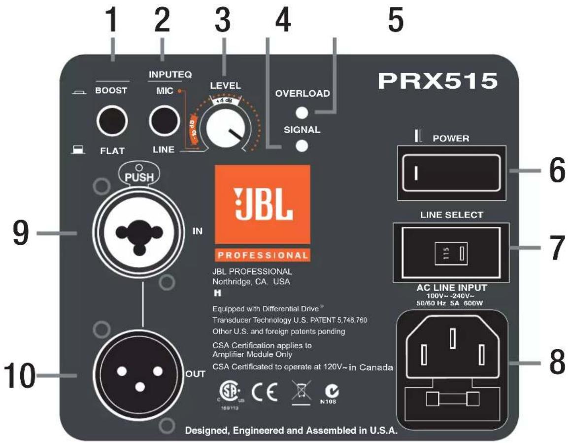 1 2 3 4 5 INPUTEQ LEVEL OVERLOAD PROFESSIONAL JBL PROFESSIONAL Northridge, CA. USA H Equipped with Differential Drive® Transducer Technology U.S. PATENT 5,748,760 Other U.S. and foreign patents pending CSA Certification applies to Amplifier Module Only CSA Certificated to operate at 120V~in Canada OUT C US 16/113 CE N10S Designed, Engineered and Assembled in U.S.A. PRX515 POWER LINE SELECT AC LINE INPUT 100V~ -240V~ 50/60 Hz 5A 600W 9 10 FLAT LINE POWER LINE SELECT 8