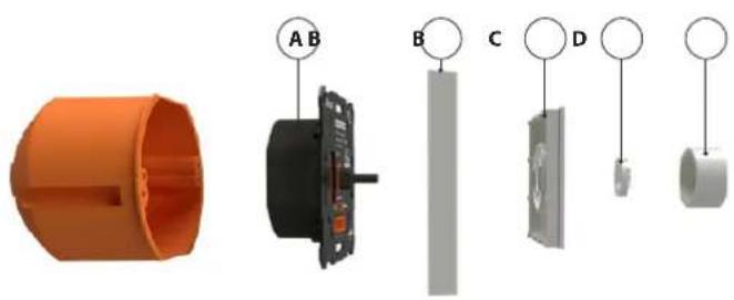 Diagram showing exploded view of a mechanical component with labeled parts A, B, C, D and part B highlighted