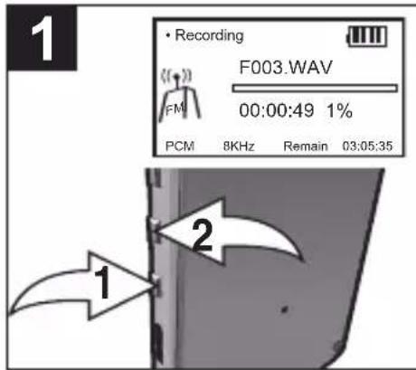 1 Recording F003.WAV FM 00:00:49 1% PCM 8KHz Remain 03:05:35 2 1