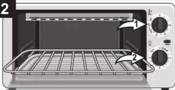 Diagram of a toaster oven with labeled parts showing interior and exterior views