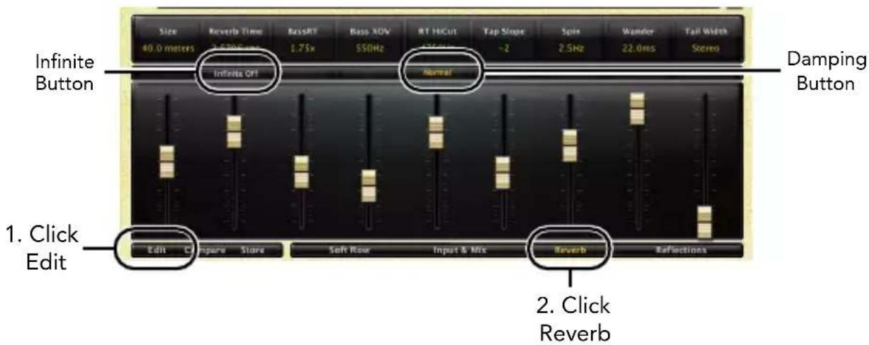 Size 40.0 meters Reverb Time 2.520Fdec BassRT 1.75x Bass XOW 550Hz RT H/Cut 2.5MHz Tap Slope -2 Spin 2.5Hz Wonder 22.0ms Tail Width Stereo Infinite Button Damping Button 1. Click Edit Compare Store Soft Row Input & Mix Reverb Reflections 2. Click Reverb