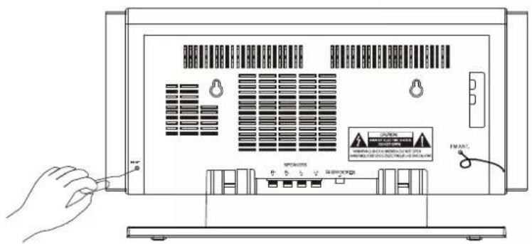 Diagram of a device rear panel with labeled ports, switches, and warning symbols for installation or monitoring