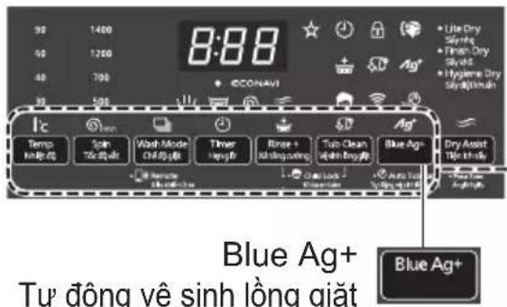 8:88 Temp Helping Spin Tú Sítu Wash Mode CHS Use Timer Hargy Rise + All Disputing Túo Clean Ajusti Dry Use Blue Ag+ Dry Assist Túh Shu Blue Ag+ Blue Ag+ Tự động vệ sinh lòng giặt