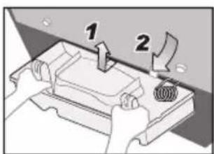 Diagram showing two labeled components (1 and 2) interacting with a mechanical device, likely illustrating a process or assembly.