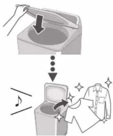 Illustration showing a hand washing a sink with a musical note, then falling into a washing machine with a shirt and starburst effect.