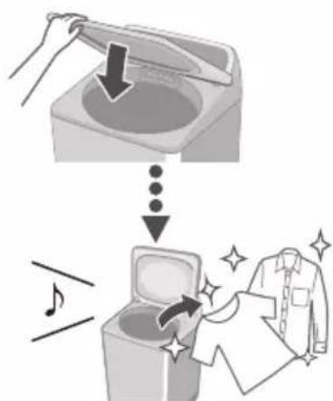 Illustration showing a washing machine with a downward arrow and a garment being cleaned, accompanied by musical notes.