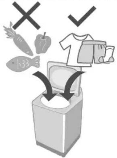 Illustration showing a washing machine with food items including vegetables, fish, and a T-shirt, accompanied by checkmarks and an 'X' symbol.