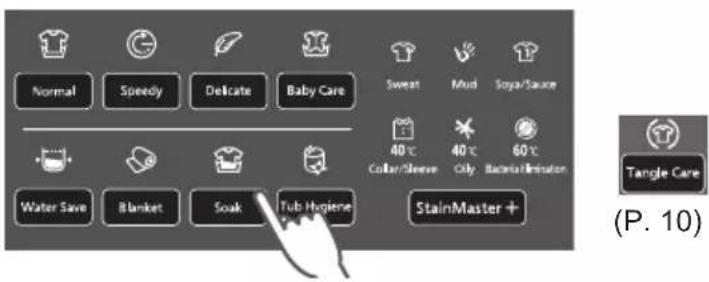 Normal Speedy Delicate Baby Care Sweat Mud Soya/Sauce 40°C 40°C 60°C Coater/Serve City Bacteria/Minister Water Save Blanket Soak Tub Hygiene StainMaster + Tangle Care (P. 10)