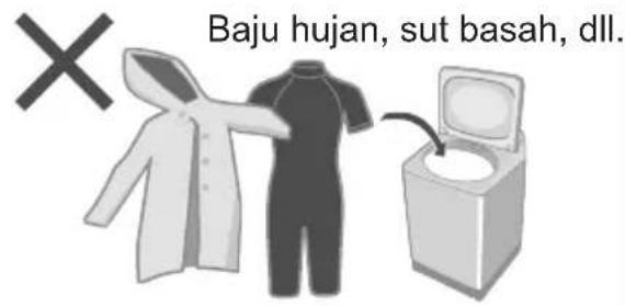 Baju hujan, sut basah, dll.