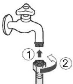Diagram showing a faucet with two labeled parts, illustrating the process of valve turning or disassembly.
